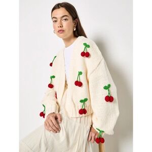 Myracle Women's Sweater Chunky Cardigan Knit Oversized Off White 3D Cherry Small